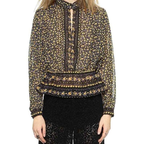 Free People Women's  Floral Beaded Embellished Peplum Blouse Black Yellow XS/TP - Picture 1 of 8